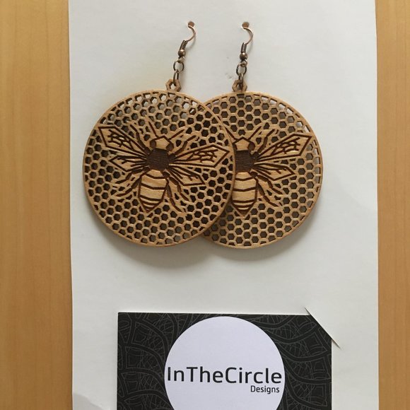 Jewelry - Large Circle Wood Honeycomb Bee Lazer Cut Earrings